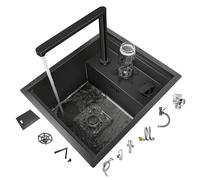 Évier de cuisine avec robinet relevable et rondelle à tasse - Évier à cuve unique avec kit d'installation complet pour la maison, l'appartement, le bar, le camping-car