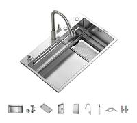 Évier de cuisine/bar argenté à une cuve, encastrable, en acier inoxydable, avec robinetterie et bonde, pour balcon, bar ou buanderie. Couleur unie.