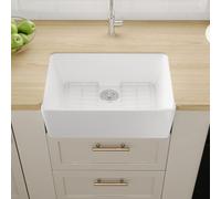 Évier de cuisine blanc en céramique style ferme DeerValley, Grand bac unique avec égouttoir et grille de protection, Cuve profonde 60,5 x 40,8 x 20 cm