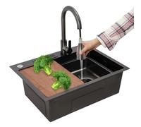 Évier de cuisine, buanderie, en acier inoxydable, noir, 1 bac avec robinet extensible, planche à découper et porte-couteau, 60 x 45 cm
