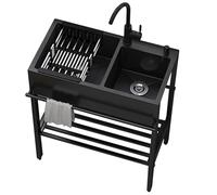 Évier de cuisine, buanderie et buanderie, autoportant en acier inoxydable à 2 compartiments, ensemble de préparation commerciale avec robinet, étagère de rangement et pieds, pour magasin, garage, rest