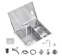 Évier de cuisine caché dans le bar à fermeture éclair - Petit évier en acier inoxydable avec couvercle, robinet de levage, siphon studio de balcon, lavabo d'extérieur pour légumes et à main (argenté