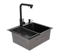 Évier de cuisine, carré, en acier inoxydable, noir, 50 x 45 cm, 1 bac, petit évier de cuisine, avec robinet extractible, égouttoir, distributeur de savon