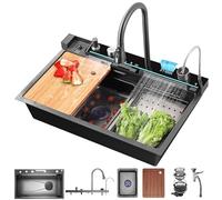 Évier de cuisine cascade 80 × 50 cm, 1 bac en acier inoxydable noir Gun Grey avec nano-revêtement, affichage de la température, Cup Washer, trop-plein, siphon et bonde - Ensemble d'évier moderne