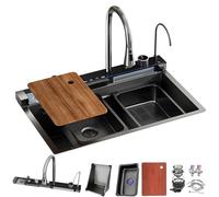 Évier de cuisine cascade avec robinet extractible, bol unique nano-revêtement, affichage LED, verre Rr & planche à découper, style maison de campagne, design de grande capacité