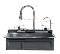 Évier de cuisine cascade en acier inoxydable 304, grand bac unique 75x45cm, avec robinet à affichage numérique, distributeur de savon et lave-tasses Standard Set (Nano Black)