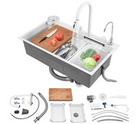 Évier de cuisine cascade, en acier inoxydable, 80 x 46 cm, 1 bac, multifonction, avec robinet extensible, machine à laver les tasses et kit complet d'accessoires (blanc, 80 x 46 x 22 cm)