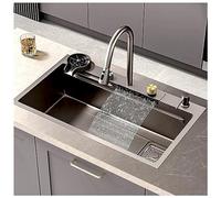 Évier de cuisine cascade en acier inoxydable avec robinet rabattable et accessoires, bol simple à double montage, 68 x 45 x 22 cm, design moderne pour une cuisine efficace