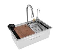 Évier de cuisine, cascade, en acier inoxydable, multifonction, 1 bac avec 4 modes d'eau, robinet extensible, machine à laver à tasses, planche à découper, pour cuisine (68 cm)