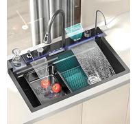 Évier de cuisine cascade en acier inoxydable noir avec plusieurs commandes de bureau intelligentes Fau et boutons piano e Wortat pour les maisons modernes (L80 x 45C)
