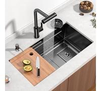 Évier de cuisine cascade en acier inoxydable noir avec robinet pulvérisateur extractible, évier à cuve unique 75 x 45 x 20 cm, comprend plusieurs accessoires pour les cuisines modernes