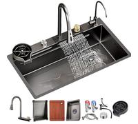Évier de cuisine cascade en acier inoxydable noir - Bol simple à montage supérieur avec panier de vidange pour robinet extractible et nettoyeur de verre - Design élégant et durable pour les cuisines