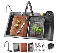 Évier de cuisine cascade en acier inoxydable noir - Bol simple à montage supérieur avec panier de vidange pour robinet extractible et nettoyage du verre - Design moderne pour des cuisines élégantes