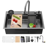 Évier De Cuisine Cascade, Évier De Cuisine Multifonction Seule Cuve, Évier De Cuisine En Acier Inoxydable 304 Avec Station De Travail, Robinet Extractible Et Accessoires Multiples (Noir, 86x50cm)