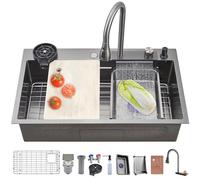 Évier de cuisine cascade gris foncé 86 x 50 cm, évier de cuisine encastré en acier inoxydable, évier moderne polyvalent à une cuve avec robinet de pulvérisation extractible et accessoires