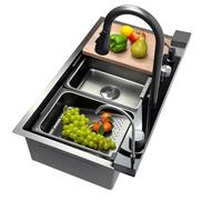 Évier De Cuisine Cascade Gris Noir, Avec Robinet Multifonction, Lave-gobelet, Bouton De Vidange, Robinet À Boire, Ensemble De Vidange, Grand Évier De Ferme(80x50x22cm)