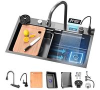 Évier de cuisine cascade multifonctionnel en acier inoxydable avec robinet à tirette et grille inférieure