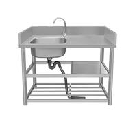 Évier de cuisine commercial en acier inoxydable 304 avec robinet, étagères et égouttoir pour extérieur et intérieur, restaurant, établi