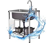 Évier de cuisine commercial en acier inoxydable à cuve unique avec égouttoir pour robinet d'eau chaude et froide, 58 x 43 cm, parfait pour les restaurants et les cuisines en plein air