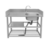 Évier de cuisine commercial en acier inoxydable avec robinet, étagères de rangement, établi et égouttoir pour intérieur/extérieur
