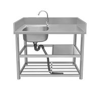 Évier de cuisine commercial en acier inoxydable avec robinet, étagères de rangement, établi et égouttoir pour intérieur/extérieur