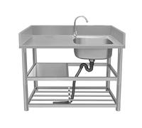 Évier de cuisine commercial en acier inoxydable avec robinet, étagères de rangement, établi et égouttoir pour intérieur/extérieur