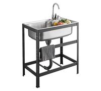 Évier de cuisine commercial en acier inoxydable avec robinets chauds et froids - Évier utilitaire portable pour intérieur et extérieur - Égouttoir noir, 58 x 43 x 75 cm, parfait pour garage et ferme