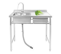 Évier de cuisine commercial en acier inoxydable, évier de cuisine à cuve unique avec robinet d'eau chaude et froide, lavabo, plan de travail à droite et tiroir de rangement, 39" x 19,7" x 37