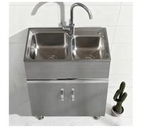 Évier de Cuisine Conception à Double Cuve D'angle Semi-arrondi Evier en Acier Inoxydable avec Poignées Porte Pieds Réglables Portes D'armoire Arrondies Siphon Non-odeurs(31.5x17.7x32.3")