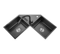 Évier de cuisine d'angle en forme de L en acier inoxydable avec porte-couteaux et mélangeur extractible