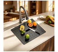 Évier de cuisine de bar multifonction avec couvercle de vidange amovible, évier caché en acier inoxydable avec robinet pliable, rinçage en verre et planche à découper, drainage en(50x40cm)