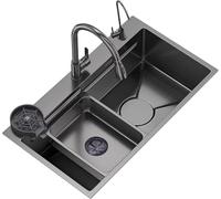 Évier de Cuisine de Bol Simple évier Noir 304 Évier Simple en Acier Inoxydable avec Robinet à Poil
