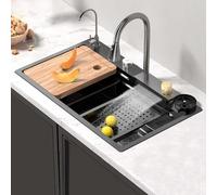 Évier De Cuisine De Différentes Tailles Bac Unique À Effet Cascade Évier À Légumes en Acier Inoxydable avec Robinet Extractible(68 * 45cm)