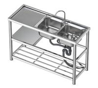 Évier de cuisine d'extérieur - Évier utilitaire portable en acier inoxydable avec double bol, robinet et étagère de rangement pour jardin, jardin, et garage