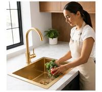 Évier de cuisine doré 55x40 cm - Set encastrable en acier inoxydable avec robinet doré, siphon et trop-plein inclus - Idéal pour camping-car, appartement, rénovation cuisine- Cuve unique design