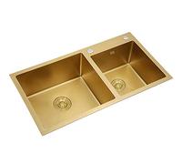 Évier de cuisine doré à double cuvette en acier inoxydable 304 nano-revêtement avec bouchon d'évier doré et filtre de vidange, montage encastré ou encastré, 74,9 x 40,9 cm