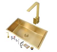 Évier de cuisine doré en acier inoxydable à une cuve, robinet carré doré encastré sous plan de travail, accessoires inclus (50 x 45 x 20 cm)