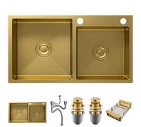 Évier de cuisine double bac 80x45 cm inox doré brossé 2 Bacs - Avec 2 trous pour robinet, égouttoir, bonde et siphon inclus - Encastrable sous-plan/sur-plan - Idéal pour grande cuisine familiale