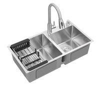 Évier de cuisine double bac en acier inoxydable finition brossée • Double bac à encastrer sous plan/sur plan avec robinet extractible pour le lavage et la préparation des aliments (78 x 43 x 21 cm)