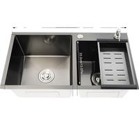 Evier de cuisine double bac, inox 304, distributeur de savon, 2 bacs, noir gris