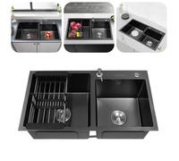 Évier de Cuisine Double Bacs - Évier de Cuisine avec Drain, Distributeur de Savon (Sans Robinet) - 78*43cm, Noir - Évier de Cuisine