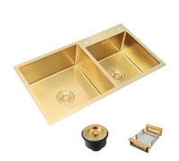 Évier de cuisine double cuve en acier inoxydable doré - Grand modèle épais de style campagnard pour usage domestique et commercial, facile à nettoyer (78 x 43 cm)