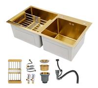 Évier De Cuisine Double Cuve En Acier Inoxydable, Panier De Vidange Rétractable, Bonde Inclus, Évier Utilitaire, Montage Par Le Haut, Grand Évier Pour Cuisine, Bar(B,75x40x22cm)