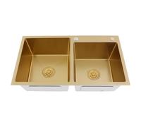 Évier de cuisine double en acier inoxydable - 80 x 45 x 22 cm - Avec écoulement en forme de X - Protection contre la condensation et isolation acoustique - Rectangulaire - 2 bacs avec revêtement PVD