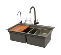 Évier de cuisine double en acier inoxydable avec 2 bacs, double évier de cuisine avec 2 robinets, porte-couteau, planche à découper, conduites d'eau, gris canon, 78 x 46 cm