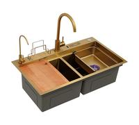 Évier de cuisine double en acier inoxydable avec 2 bacs, double évier de cuisine avec 2 robinets, porte-couteau, planche à découper, conduites d'eau (doré, 82 x 46 cm)