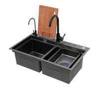 Évier de cuisine double en acier inoxydable avec 2 bassins, double évier de cuisine avec 2 robinets, porte-couteau, planche à découper, conduites d'eau, noir, 78 x 46 cm