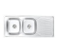 Évier de cuisine double en acier inoxydable avec passoire et siphon, 120 x 50 x 16 cm, égouttoir à monter à gauche ou à droite, résistant aux rayures, résistant aux chocs, idéal pour la cuisine et la