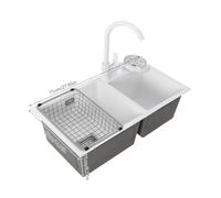 Évier de cuisine double en acier inoxydable avec robinet et égouttoir pour cuisine, restaurant ou bar, 71 x 38 cm, à 2 bacs, Topmount Undermount avec nano-vernis de cuisson (blanc)