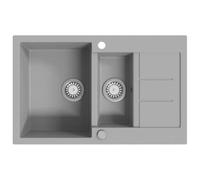 Évier de Cuisine Double en Granit Gris avec Couvercle et Filtre | Granit robuste, résistant chaleur rayures chocs, réversible droite gauche, trou pré-percé pour robinet, facile à nettoyer